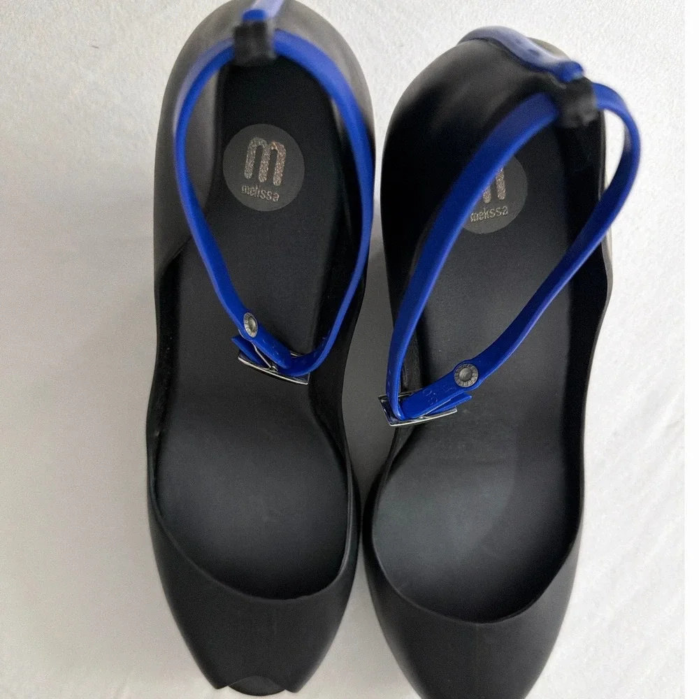 Melissa Patchuli Wedge Heels Black Blue Peep Toe Ankle Strap Jelly Shoes Size 10